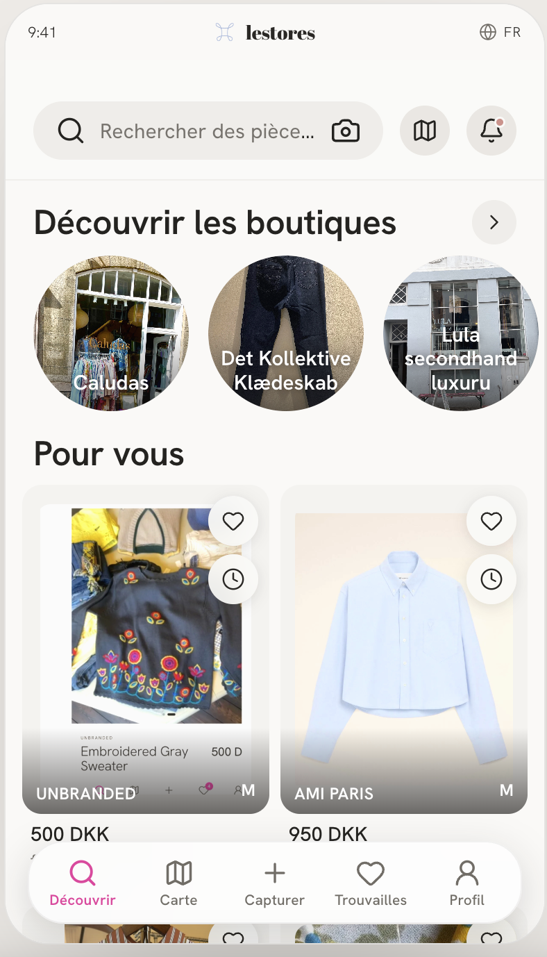 The Le Stores consumer Discovery app showing nearby boutiques and products