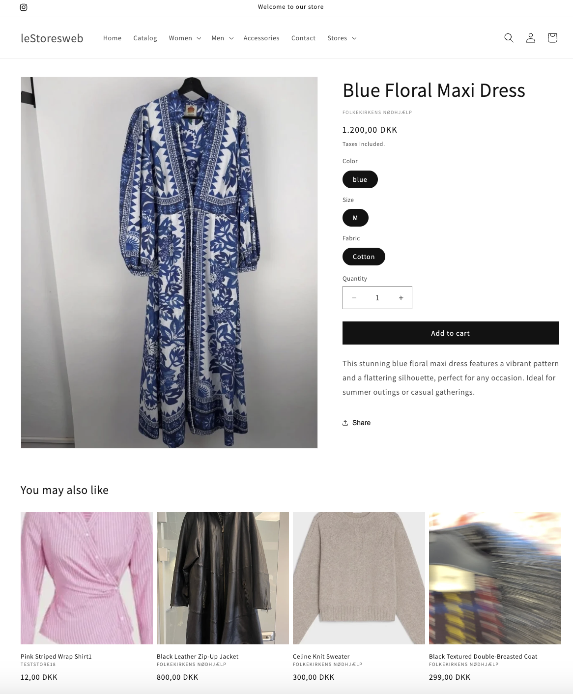 A real Le-Stores Web product page for a blue floral maxi dress